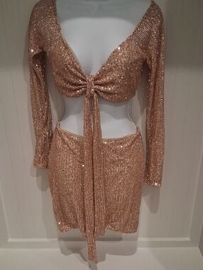 Sequin Tie-Front Two-Piece Set in Rose Gold